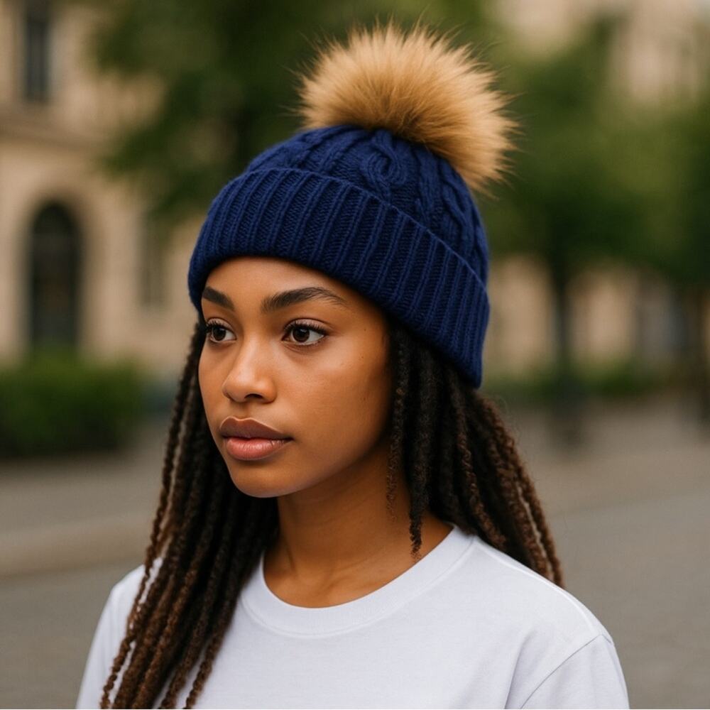 Nordstrom Wool and Cashmere‎ Faux Fur Pom Beanie Blue